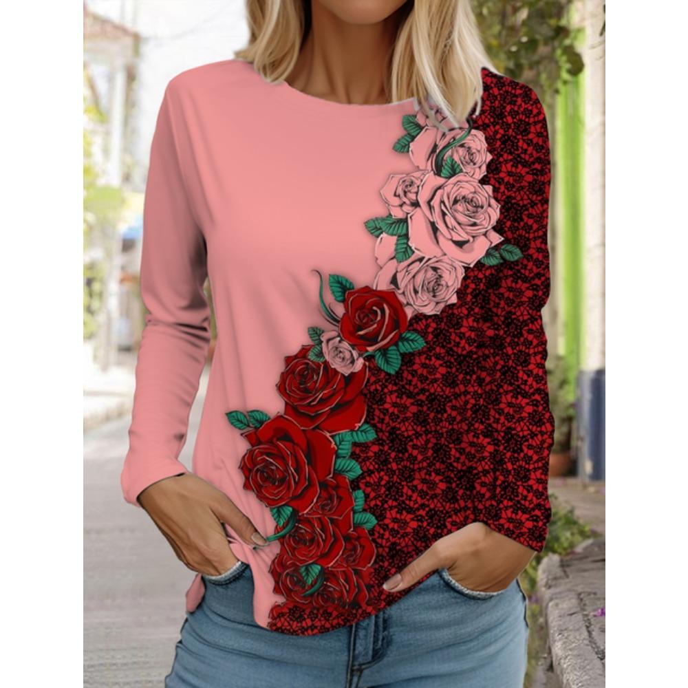

Рождественский женский круглый вырез длинный рукав ретро-принт с розами длинный рукав 3D-принт праздничный пуловер длинный рукав весна и осень XL