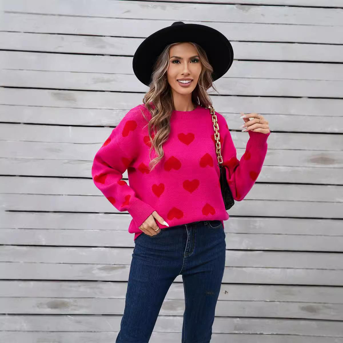 

Зимний женский свитер с сердечками, пуловер с круглым вырезом на День святого Валентина, большой размер, свитер с персиковым сердечком XL розы красного