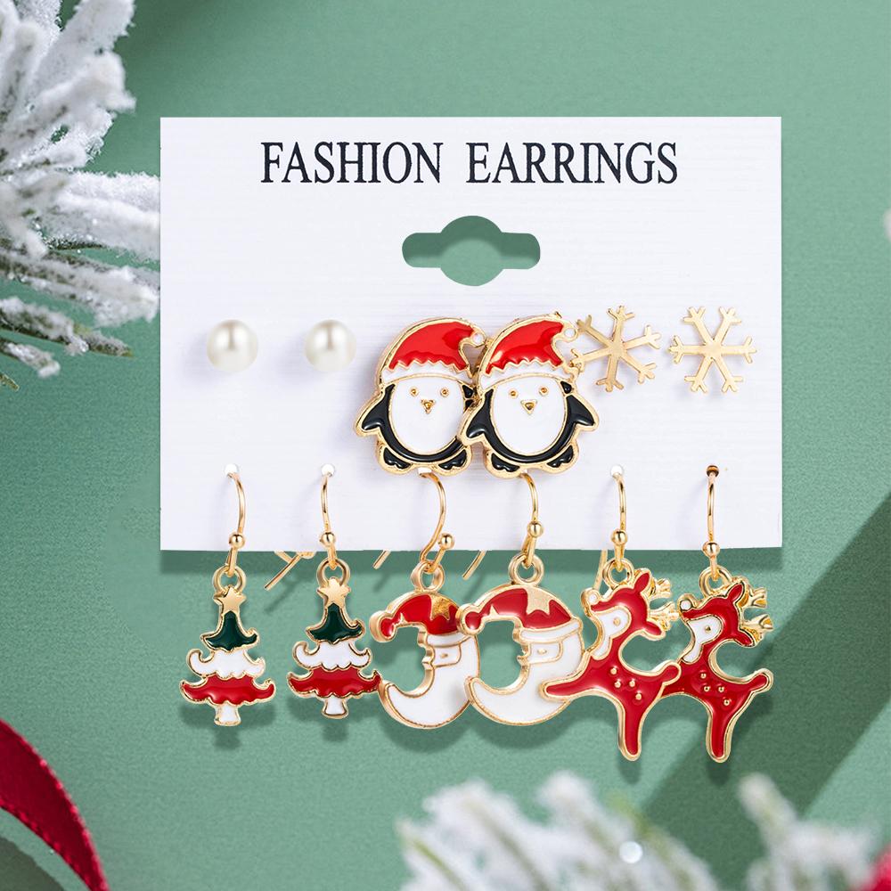 6 Piece Set Earrings And Earrings Fashionable Versatile Christmas Series Simple Deer Christma Tree Snowflake Pattern Accessories