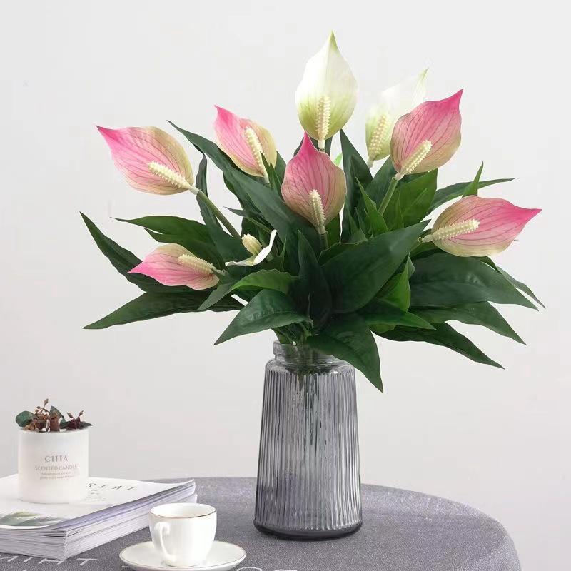 High-End White & Pink Anthurium 3D Printed Green Plant Artificial Flower Desktop Ornament