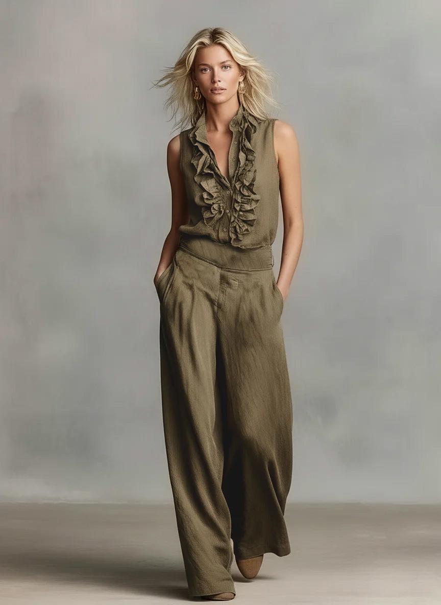 2026 new fashion casual spring and summer European beautiful women s simple linen blend sleeveless shirt wide leg pants set S оливковый