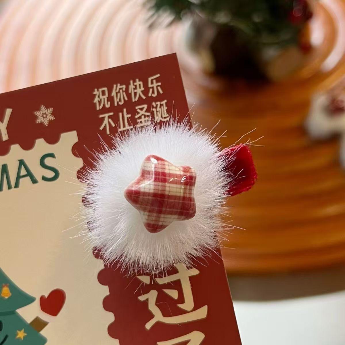 Velvet Pompon Star Duckbill Clip - Festive Red Christmas Hairpin