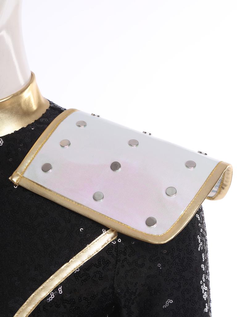 Womens Halloween Cosplay Outfit Long Sleeve Rivet Shoulder Boards Front Zip Sequined Crop Jacket Metallic Shiny Mini Skirt