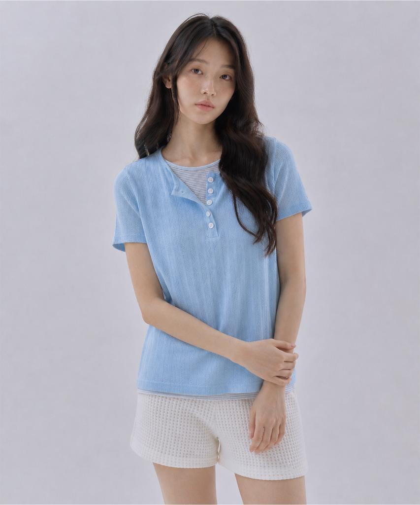 Sayu Soft Layered Henley Neck Short Sleeve Tee Light Blue