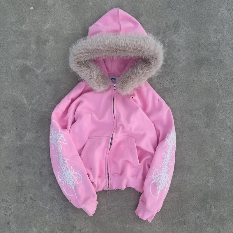 Pink Hooded Zip-Up Sweatshirt Set Women Men Unisex Streetwear Loose Fit Long Sleeve Tracksuit