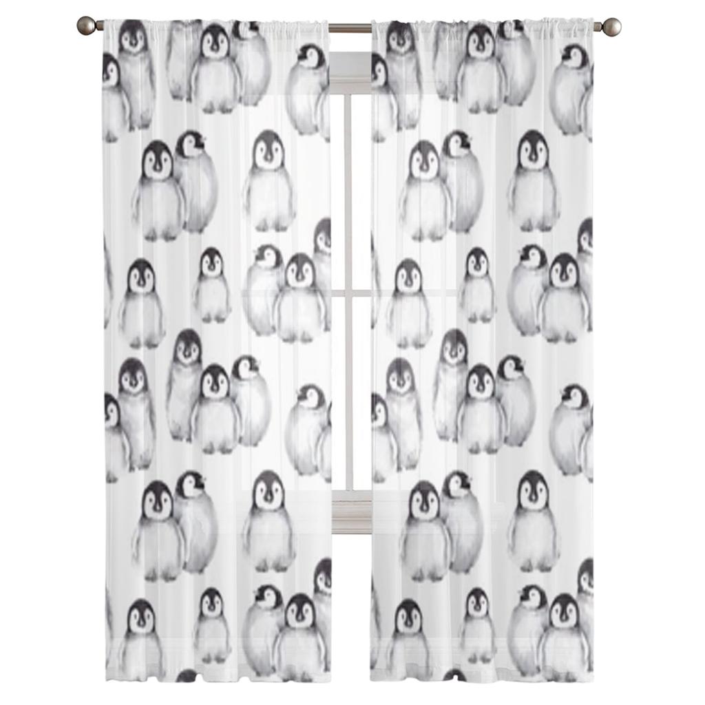 Cute Baby Penguins Sheer Window Curtains For Living Room Bedroom Modern Voile Tulle Curtains Fabric Drapes For Kitchen