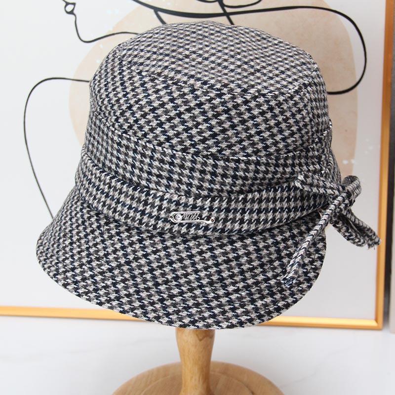 Retro thousand bird grid short brim basin hat women's autumn elegant bow bucket hat British versatile face hat