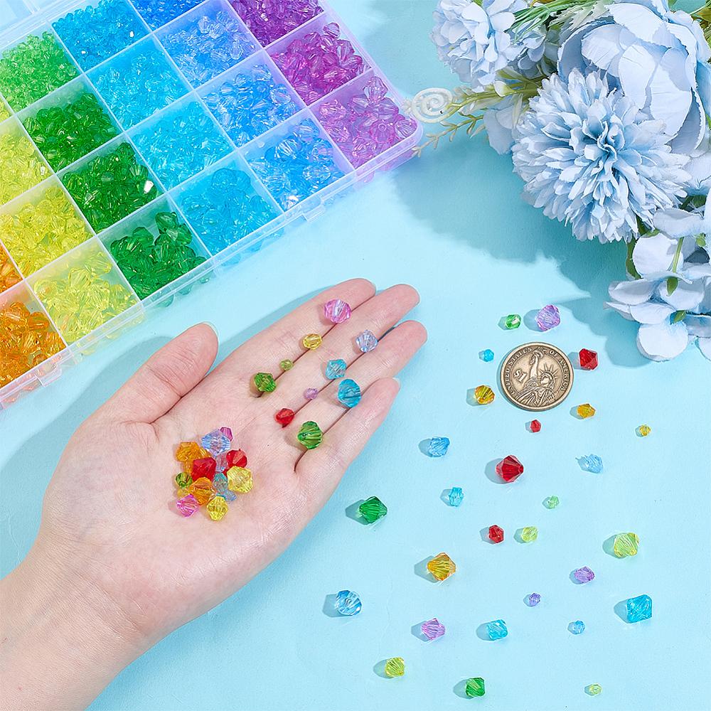 2310Pcs 28 Styles Transparent Acrylic Beads Bicone Mixed Color 4~10x4~10mm Hole: 1~2.5mm