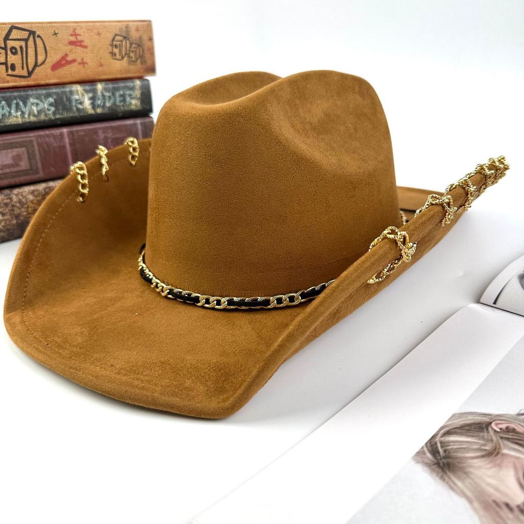 European and American Western Cowboy Hat Retro Suede Jazz Hat American Cowboy Hat Metal Chain Accessories Top Hat