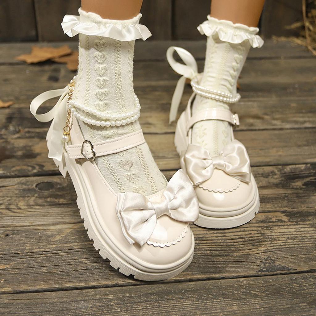 Women Lolita Shoes New Pearl Chain Mary Jane Shoes Woman Fashion Versatile Outdoor Platform Heels Shoes Women