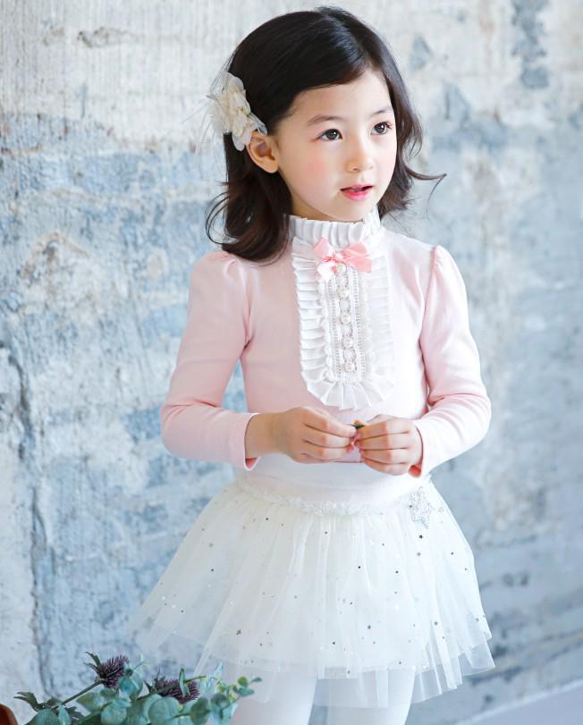 Girls' Korean-Style Lace Pearl Cotton Long-Sleeve T-Shirt for Spring and Autumn