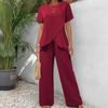 Women Casual Loose Irregular Round Neck Short Sleeve Two Piece Long Pants Set