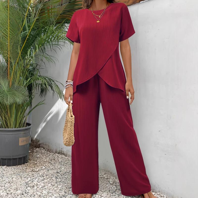 Women Casual Loose Irregular Round Neck Short Sleeve Two Piece Long Pants Set