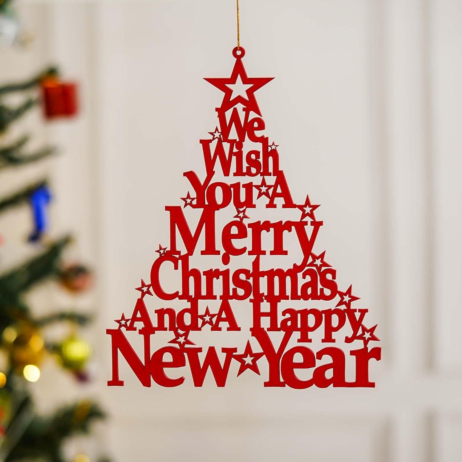 

Wooden Red Merry Christmas Tree Wall Hanging Showpiece We Wish You A Merry Xmas and A Happy New Year | Christmas Decorations Items
