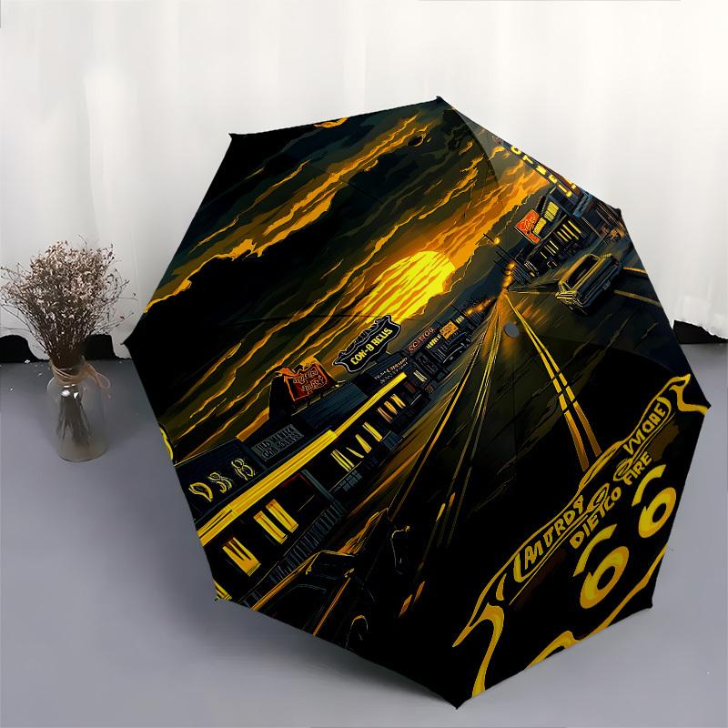 Route 66, Neon-Schilder-Thema, Automatischer Öffnungs- und Schließschirm, Helle Farbe, 8 Speichen, Tragbarer Schirm, Geeignet für Männer und Frauen, A