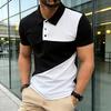 Men's Curved Diagonal Color Block Polo Shirt - Black & White Contrast Patchwork Button Down Collar Casual Streetwear & Daily Tops