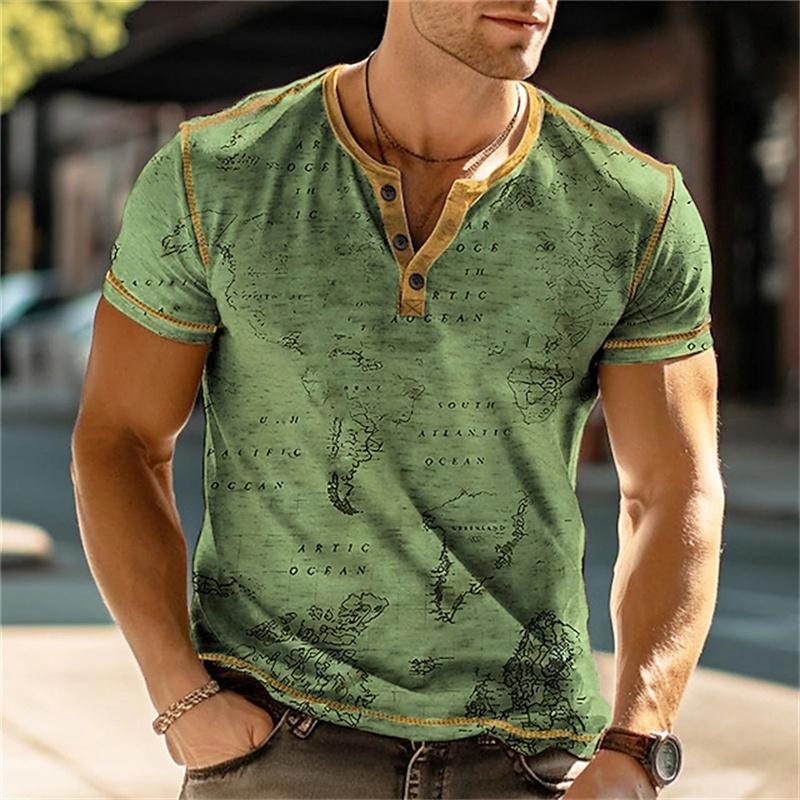Summer 3D Printed Men's Button T Shirt Retro Patchwork Pattern Cool Breathable Short Sleeve Trendy Casual T Shirt Oversized Top