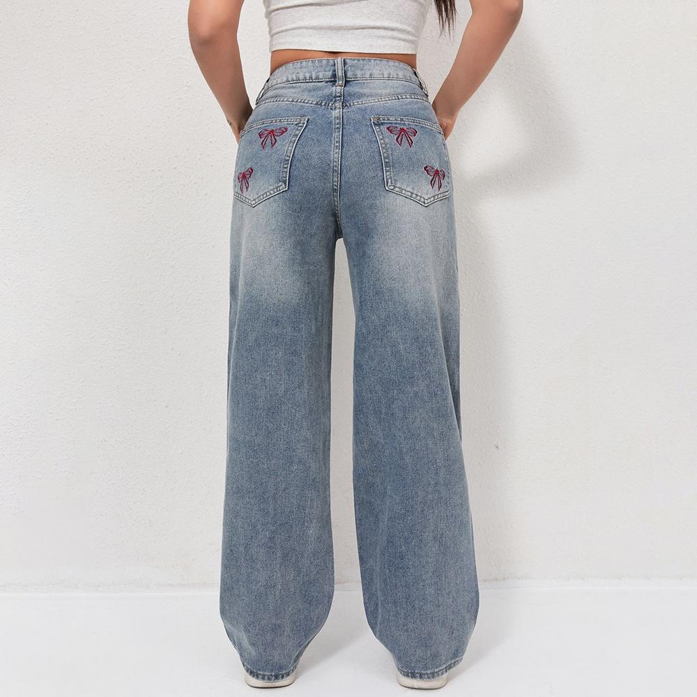 Puffanpop Women's Wide Leg Jeans Retro Wash High Waisted Denim Pants Loose Straight Casual Jeans Boyfriend Pants Embroidered jeans