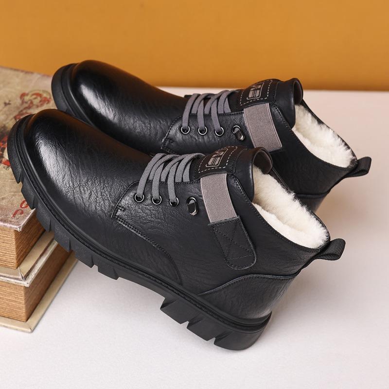 Martin Boots Men's Winter Velvet Warm High-top Leather Boots Versatile Tooling Casual Snow Boots Cotton Shoes Men