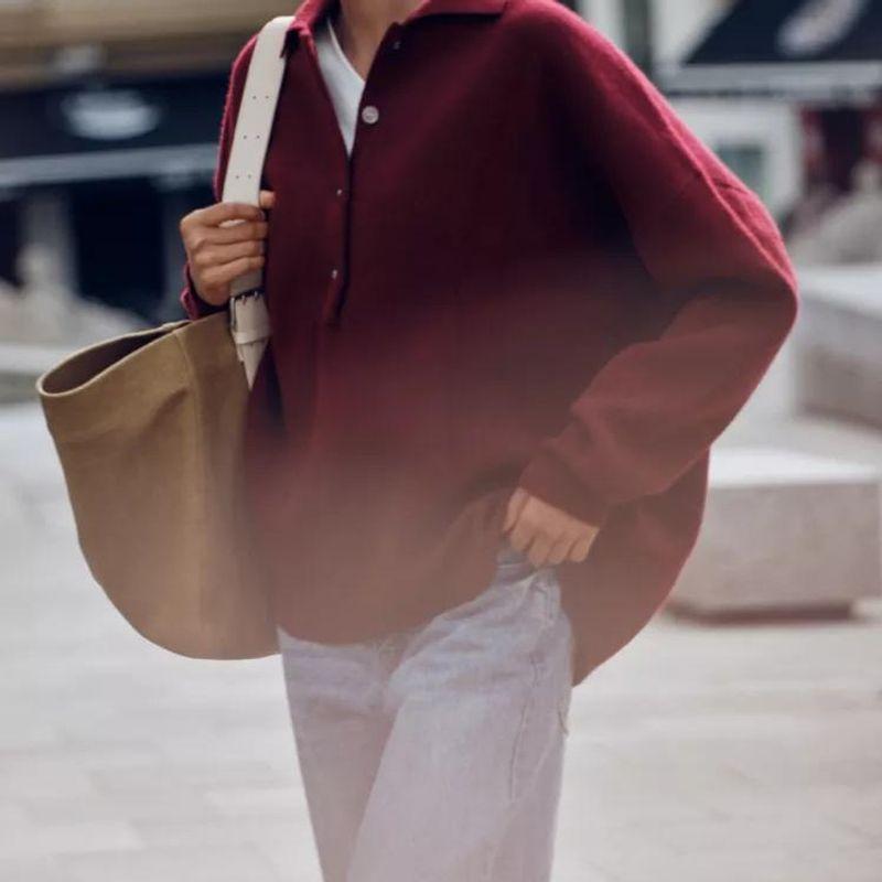 Fall and Winter New Women's Clothing Fashion Style Wool Blend Simple Loose Long Sleeves Polo Shirt Tops 2893160