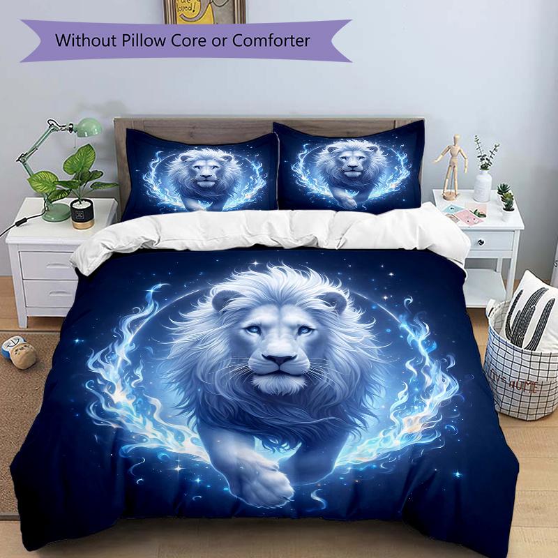 

3pcs Blue Flame Majesty Lion Bedding Set - 1 Soft Quilt Cover + 2 Pillowcases, Machine Washable - Suitable for All Seasons, Perfect Gift for Fami 135x200cm