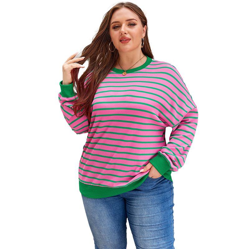 

American Shiying Loose Stripes Plus Size Sweatshirt Women 2025 Fall and Winter New Arrival Flab Hiding Easiest for Match Knitting Pullover Pink 3XL fit (82.50 kg-90.00 kg
