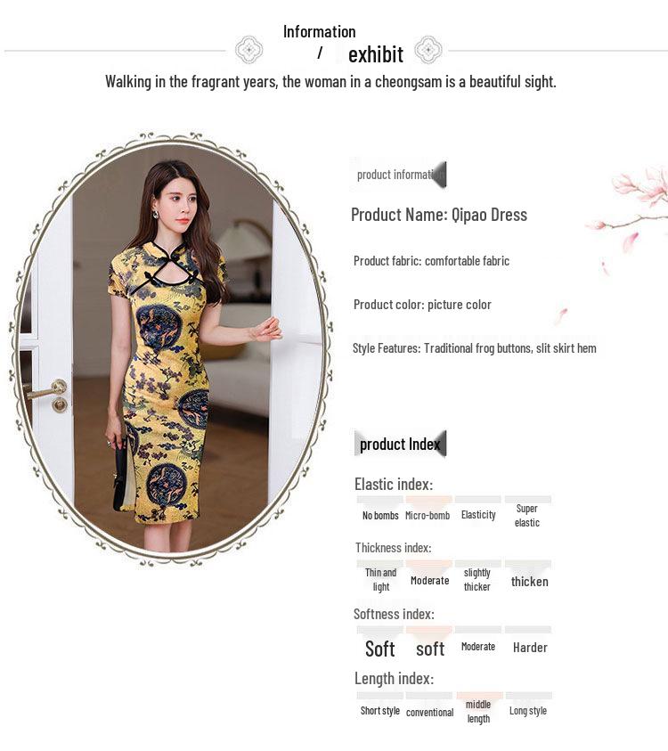 Summer Sexy Chinese-Style Printed Mid-Length Slit Dress for Women with Hollow Out Plate Buckle, Improved Qipao Design