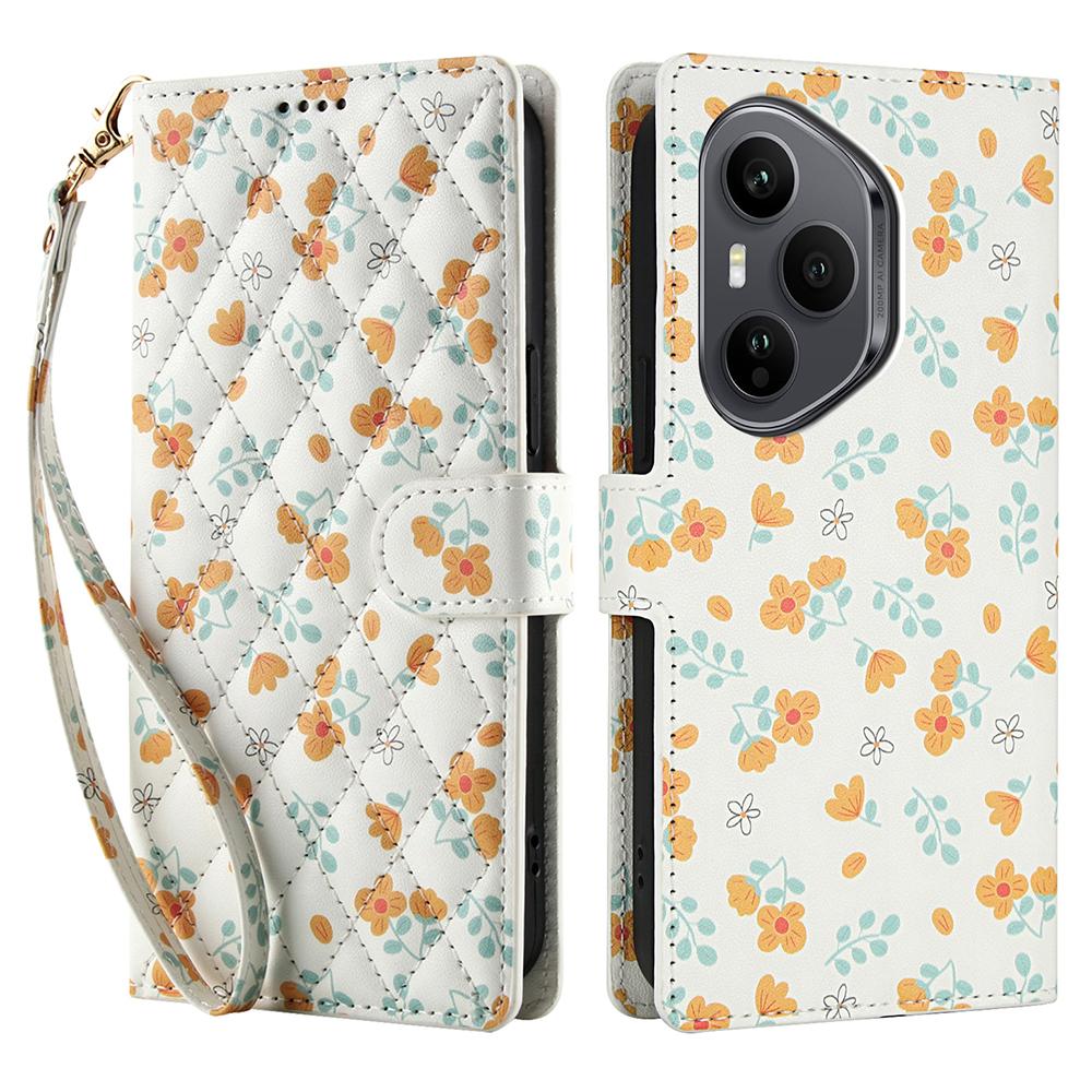 Für Honor 400 Pro 5G (Global) Brieftasche Hülle Rhombisches Blumendesign Leder Klapphandyhülle mit Riemen