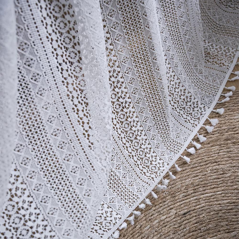 Boho Curtains Lace Semi-Sheer Hollow Knitted Handmade Tassels Rod Pocket Window Rustic Farmhouse Drapes for Living Room Bedroom