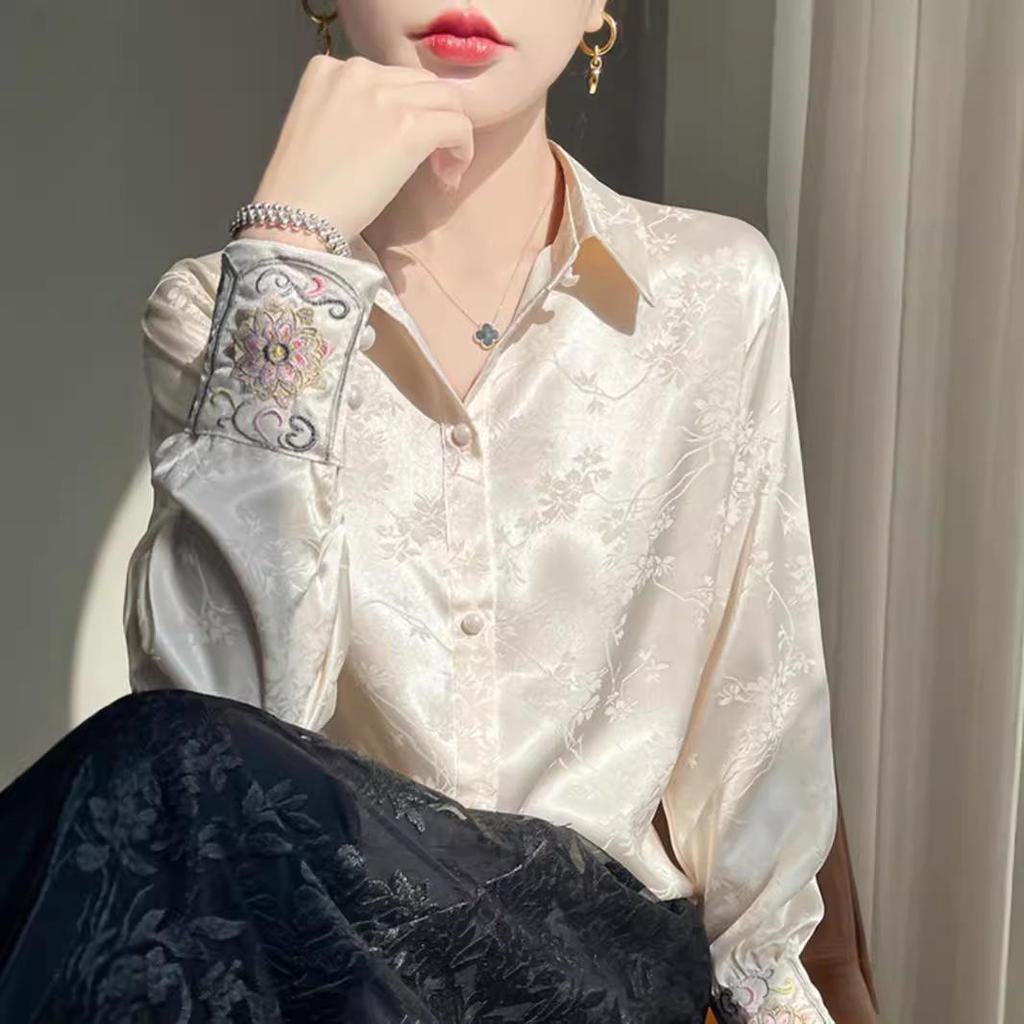 Women's Retro Chinese Tang Suit Style Satin Jacquard Shirt, Long Sleeve, 2026 Design