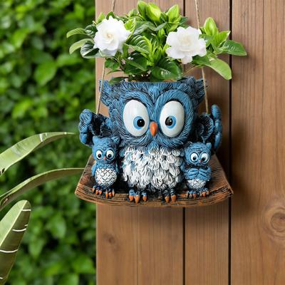 Flowerpot Blue Owl Resin Ceramic Hanging Planter with Detailed Texture Weather-Resistant Indoor Outdoor Decorative Plant Holder