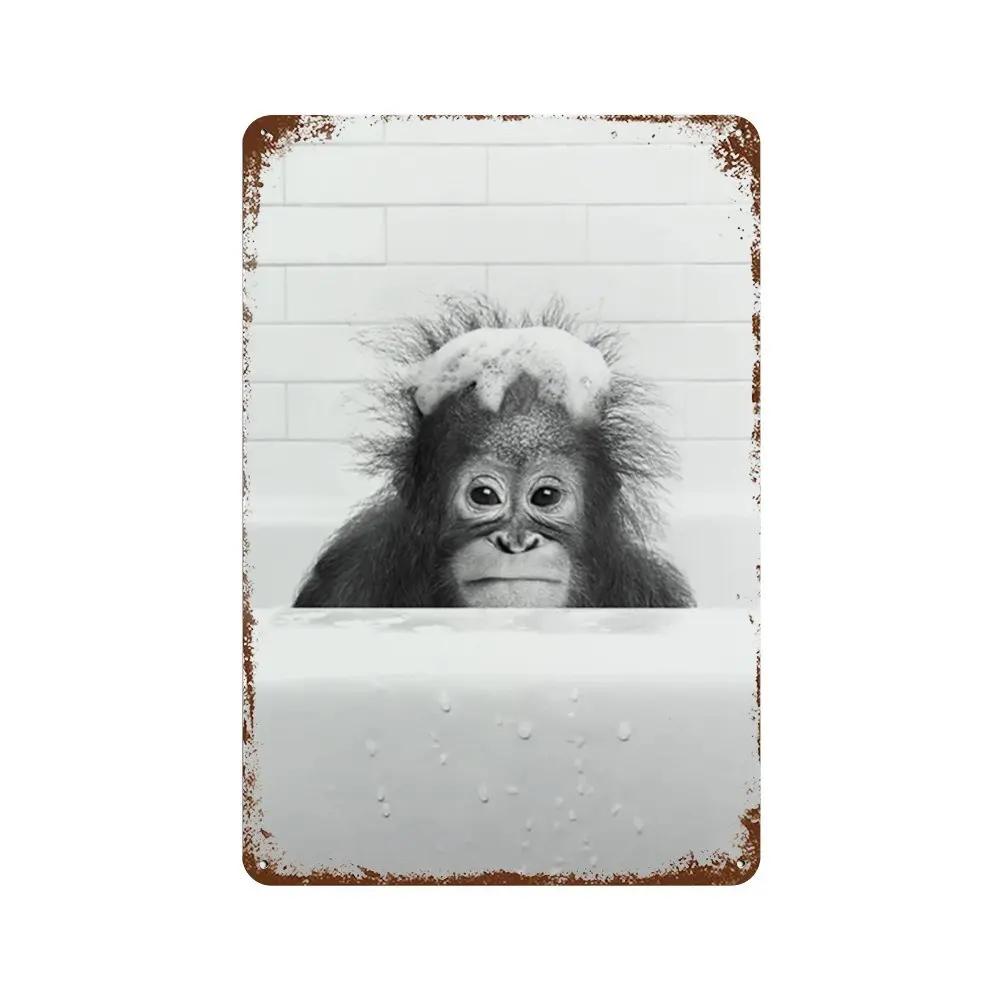 Funny Animal Posters Metal Tin Sign Plaque Dog Monkey Reading Newspapers Decorative Plates For Toilet Bathroom Wall Art Decor