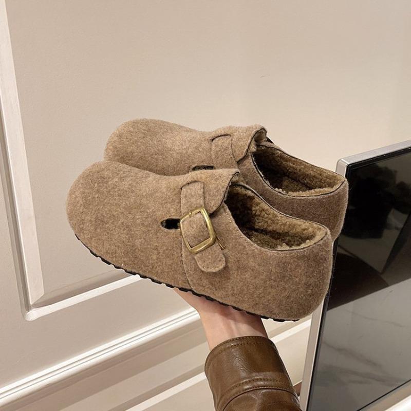 Retro Round Head Felt Fleece Women's Fleece Autumn and Winter Pedal Thermal Cotton Fluff Shoes New Cotton Shoes Women