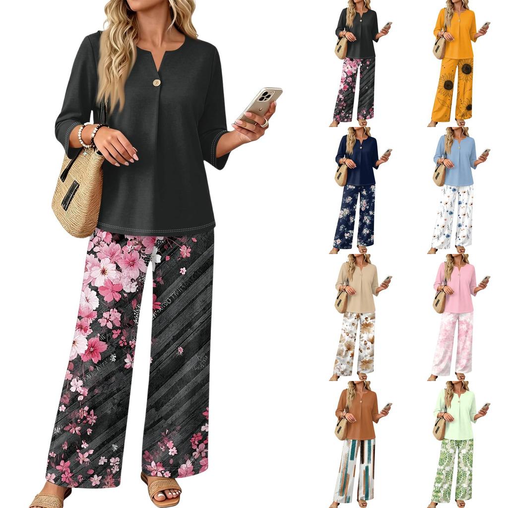 Women’s Casual Printed Button Top and Wide Leg Pants Two Piece Set with Three Quarter Sleeves Relaxed Fit Outfit for Daily Wear