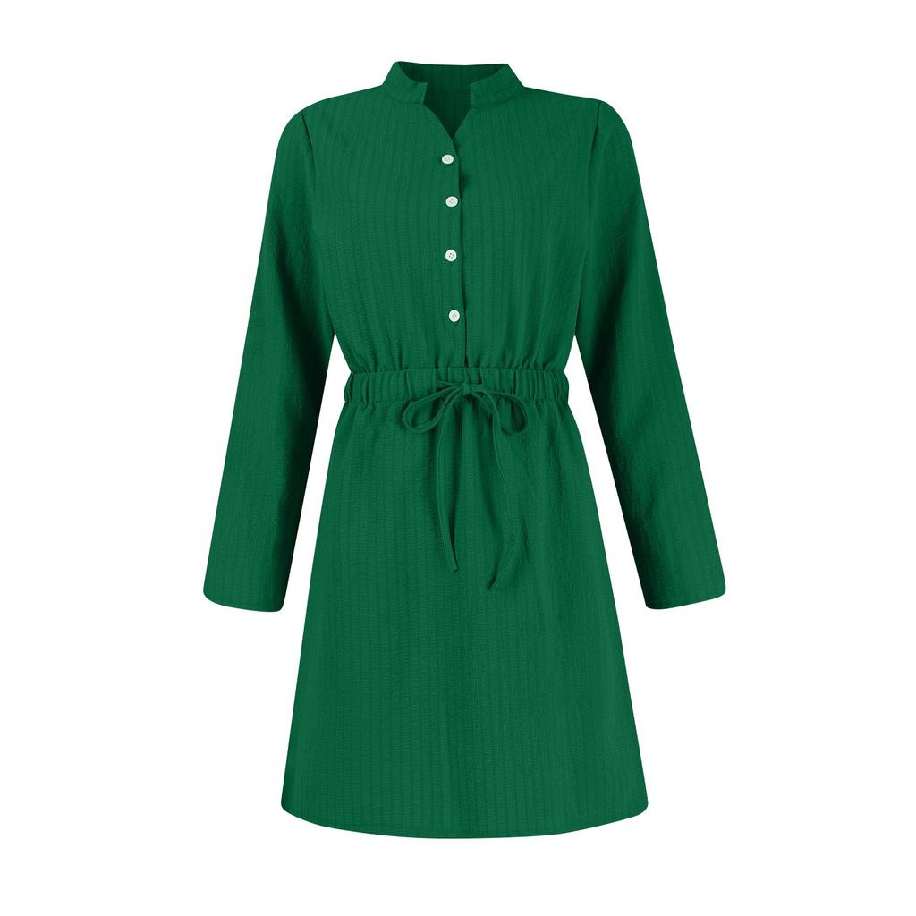 Women's Casual Drawstring Waist Cinching Slimming Seven Quarter Sleeve V-neck Dress