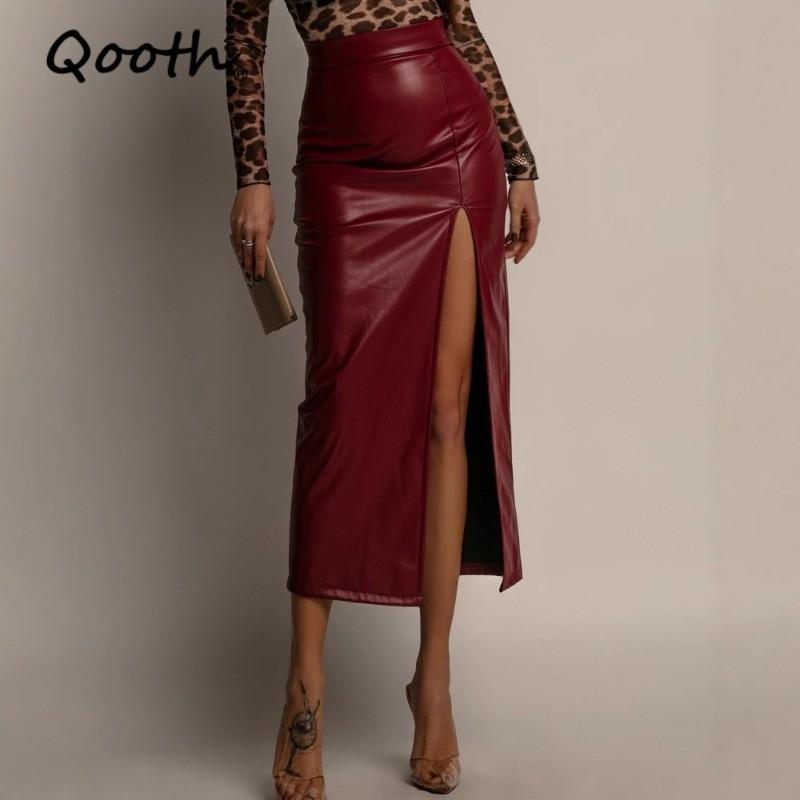 Qooth Elegant Women A Line Irregular PU Bodycon Skirt Slim Mid Length Zipper Casual Skirt QT2711