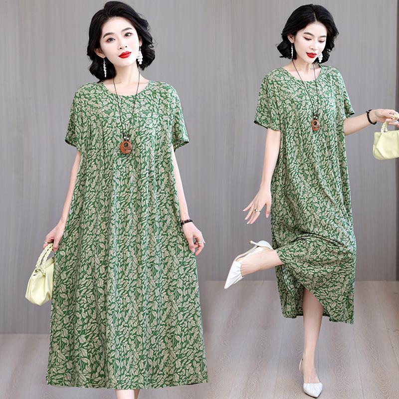 Cotton Silk Dress Women's Summer Large Size Temperament Loose Printing Casual Cotton and Linen Long Skirt