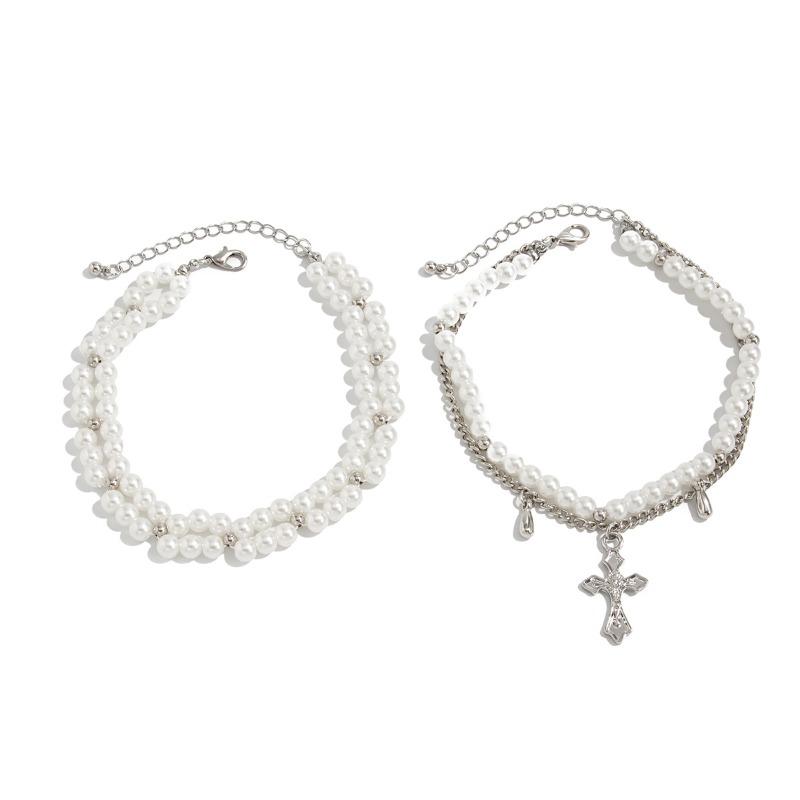 VIVILADY Heart Pearl Cross Pendant Bracelet Elastic Ankle Chain for Women Fashion Jewelry Minimalist Accessories Party