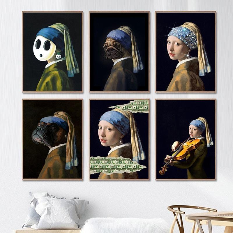 İnci küpeli ünlü kız, posterler, tuval, yağlı boya, komik köpek yavrusu, çiçekler, gitar, oturma odası için duvar sanatı, ev dekoru