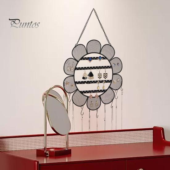 Multi-functional Jewelry Display Rack Earrings Stand with Metal Chain Flower Shape Grid Design Large Hooks Holder Capacity Wall Decoration Hanging
