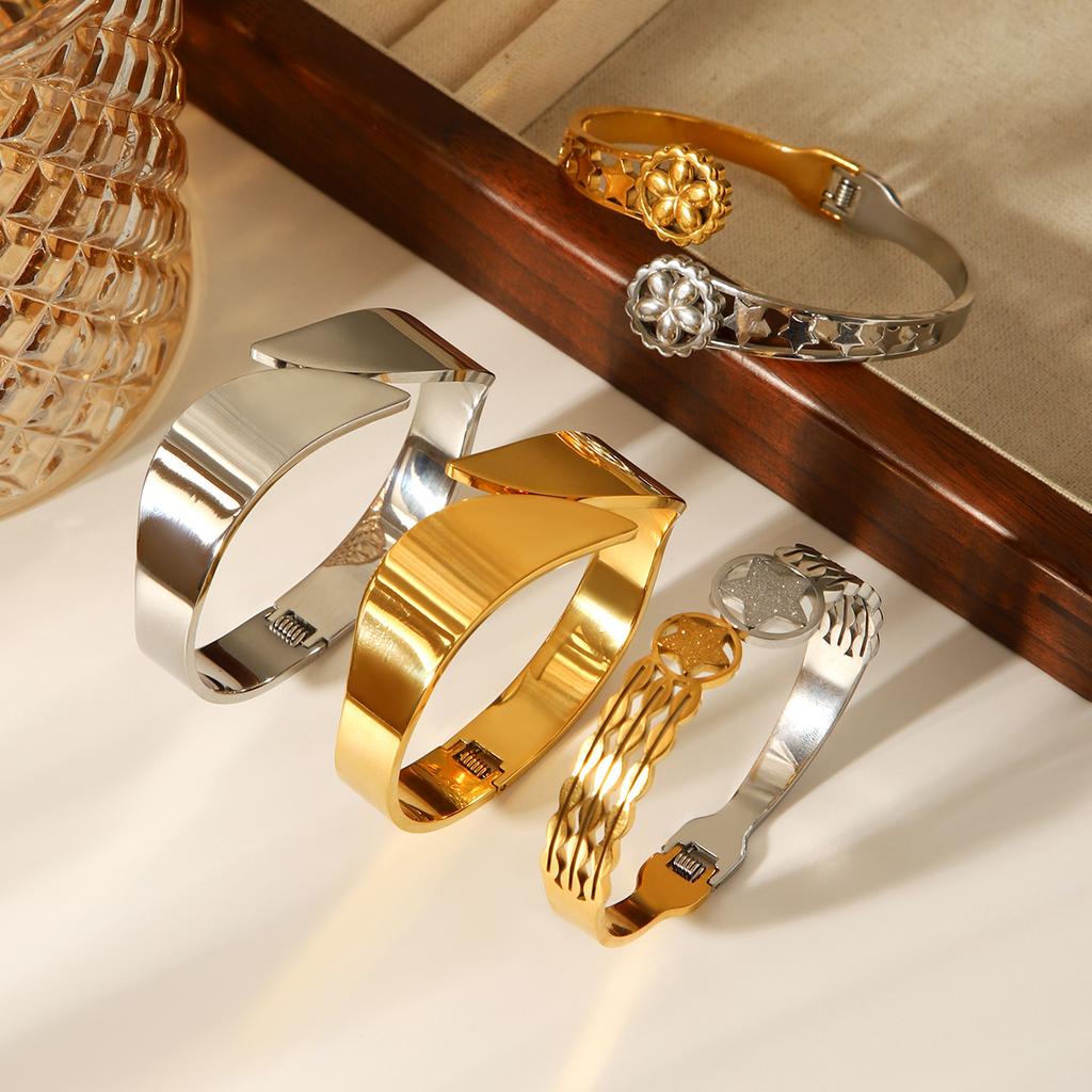 Gold and Silver Two-tone Stainless Steel Star Bangle, Instagram Style Wide Band Titanium Steel Open Bracelet
