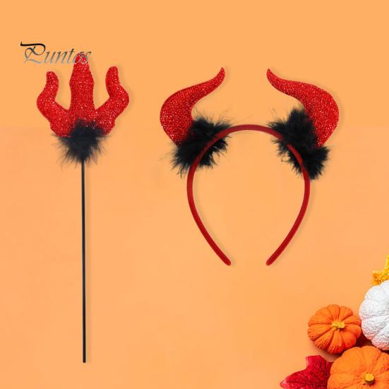 Halloween Costume Accessories Red Devil Costume, Glitter Horn Headband And Trident Prop Glittery Kit for Cosplay, Masquerade Party Performance Adults