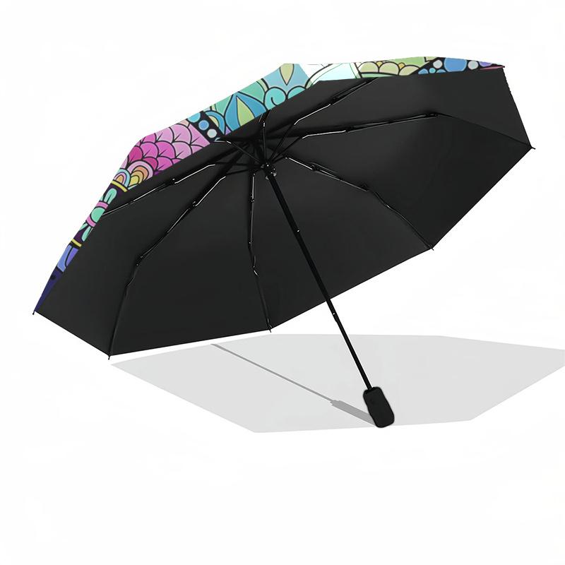 Colorful Butterfly Mandala Automatic Opening Folding Umbrella - Portable 3-Fold Design with 8-Bone Steel Frame, Perfect for Festivals, Trave