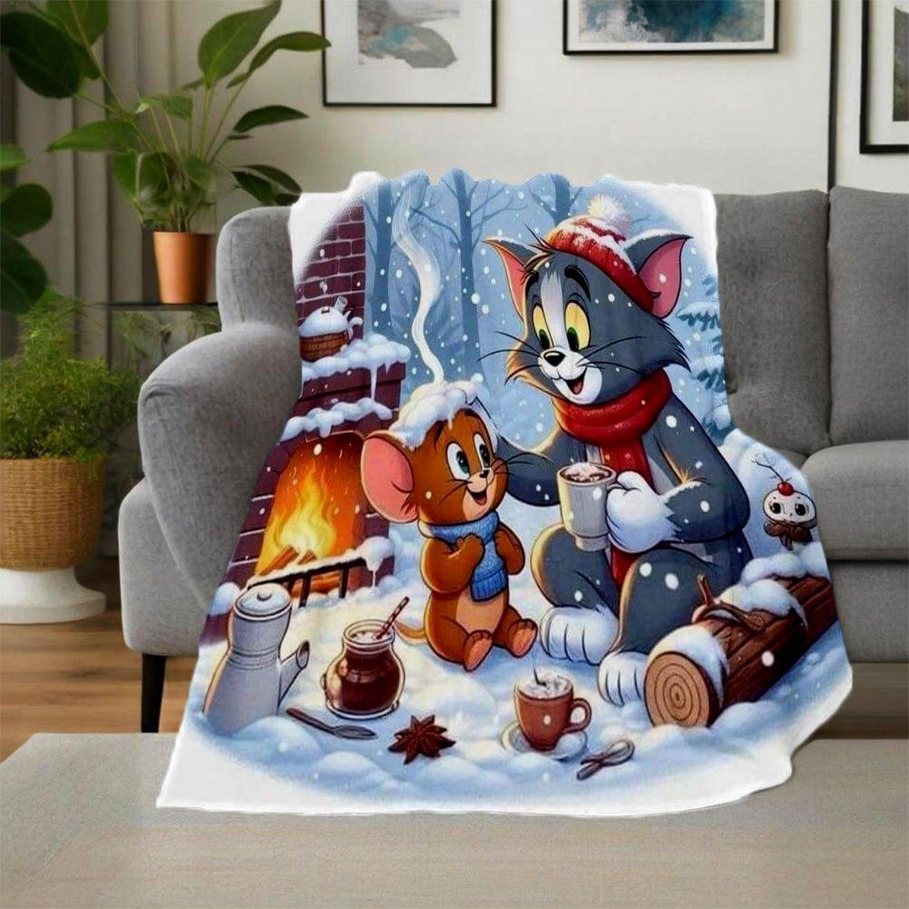 Tom & Jerry Winter Christmas Mug Cup Print PosterBlanket Flannel Throw Blanket for Sofa, Bed, Travel, Camping, Office