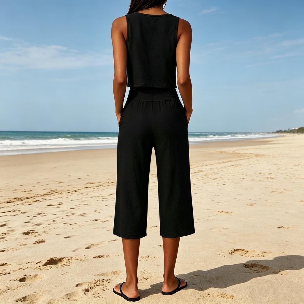 Women's Fashionable Casual Round-Neck Sleeveless Two-Piece Set