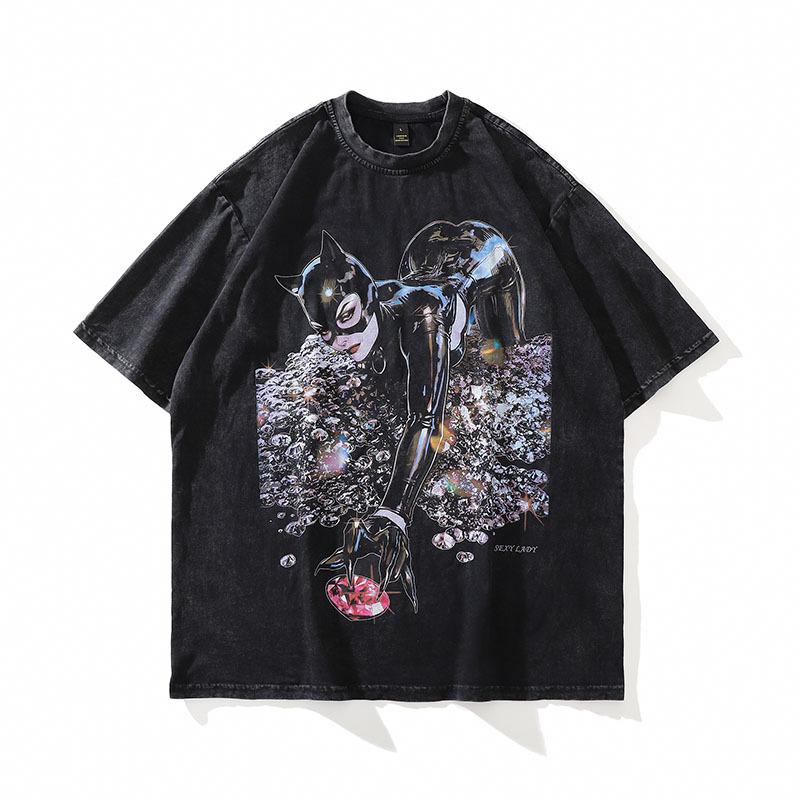 Harajuku Japanisch Y2K Spice Girls Anime Bedrucktes Gewaschenes Altes Kurzarm-T-Shirt Herren- Und Damen-Retro Guochao Marke T-Shirt