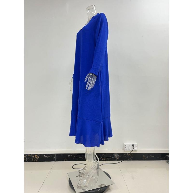 Spring and Autumn Women's Dress Plus Size Solid Colour V-Neck Tie Long Sleeve A-Line Long Dresses