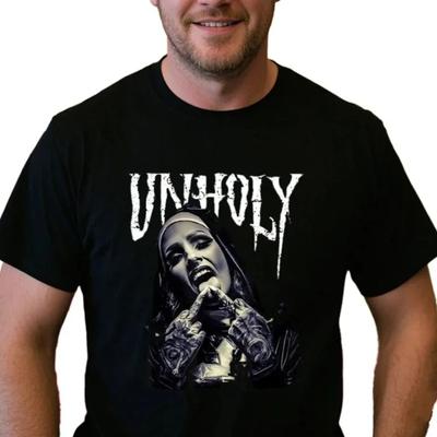 Lustige Nonnen-Tattoos Unheilige Gotische Böse Antichrist Vintage Herren Schwarz T-Shirt Sommer Tee Tops Streetwear Grafik Baumwollhemd