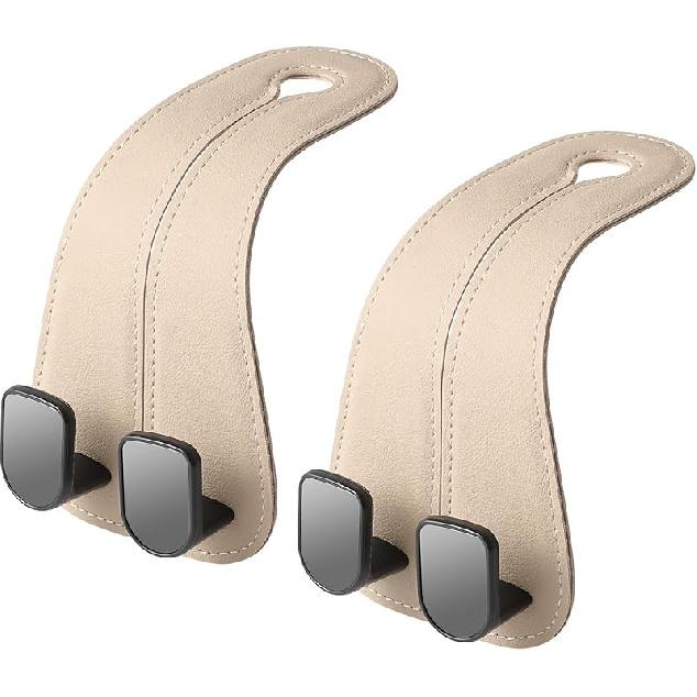 2 Pack KAFANLIN Car Headrest Hooks For Purses And Bags Cute Leather Car Seat Back Head Rest Double Hooks For Bags Cute Pink Beige Car Accessories