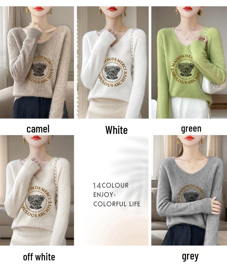Autumn/Winter V-neck Knitwear with Digital Print and Seamless Design for Women